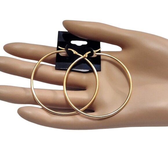 2 Inch 50mm Thin Hoop Pierced Post Earrings Gold Tone 2mm Band - Picture 4 of 4